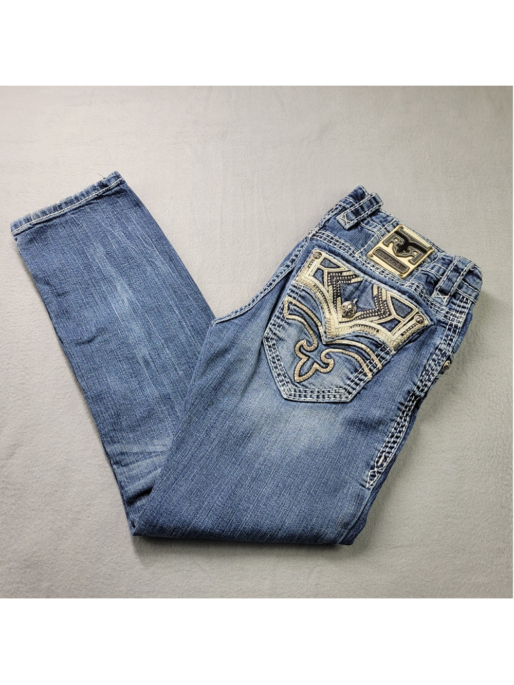 Rock Revival Triton Slim Straight Jeans Mens 32x30 Blue Embroidered Fleur De Lis